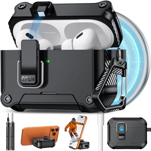 Image of Pohgelan for AirPods 2nd /1st Case with Safety Lock-Black | Magnetic Automatic Lock with Cleaning Kit&Keychain,Compatible with Magsafe