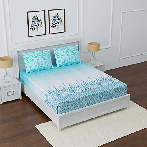 AVI Premium 180 TC 100% Cotton Floral Printed Double Bed Sheet with 2 Pillow Cover, Sky Blue & White
