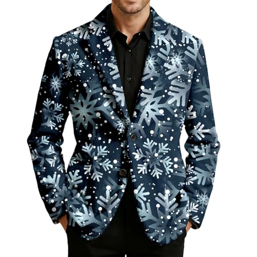 Christmas Blazer for Men One Botton One Button Fashion Suit Jacket Wedding Xmas Print Notched Lapel Winter Colthes Navy Large