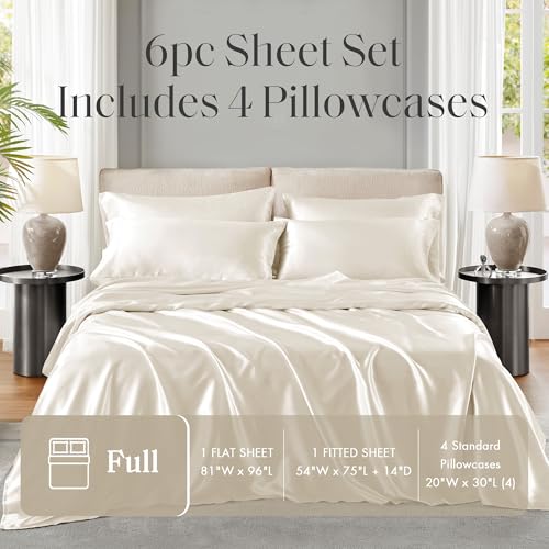 Image of Madison Park Essentials Satin Sheets Full Size Bed Set, 6 Piece, Ivory | Luxury and Smooth Silky Bedding with Natural Sheen, All Around Elastic 14 inch Pocket fits up to 16 inch Mattress, Year-Round Cozy