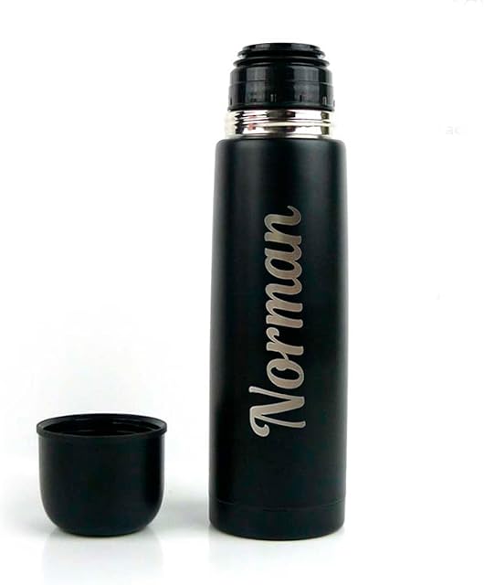 Personalised Hot Drink Flask Reusable Thermal Mug and Cup Lid - Engraved Personalised Gift - Hot Water Tea Coffee On The Go - Car Travel Mug - Black Insulated Stainless Steel Vacuum Flask by Hoolaroo