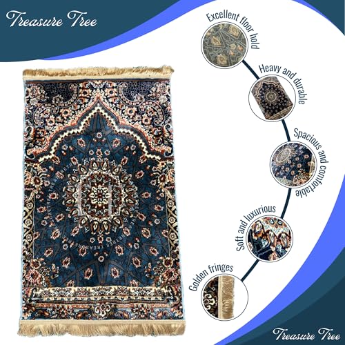 Image of Deluxe Velvet Heavyweight Prayer Rectangular Mat | Elegant and Super Soft Design | Ideal for Muslim Prayers | Heavy Carpet Mat with Premium Softness and Luxurious Design. (Blue), 48 x 30 Inches