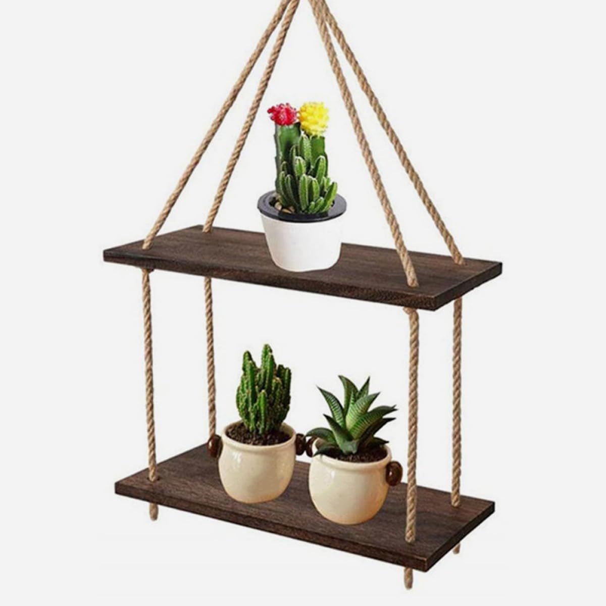 Mensole Sospese a Parete Boho in Legno Nero Corda di Juta Set Doppio Porta Piante e Oggetti Decorativi per Soggiorno Camera da Letto e Studio Supporto Rustico Multifunzione