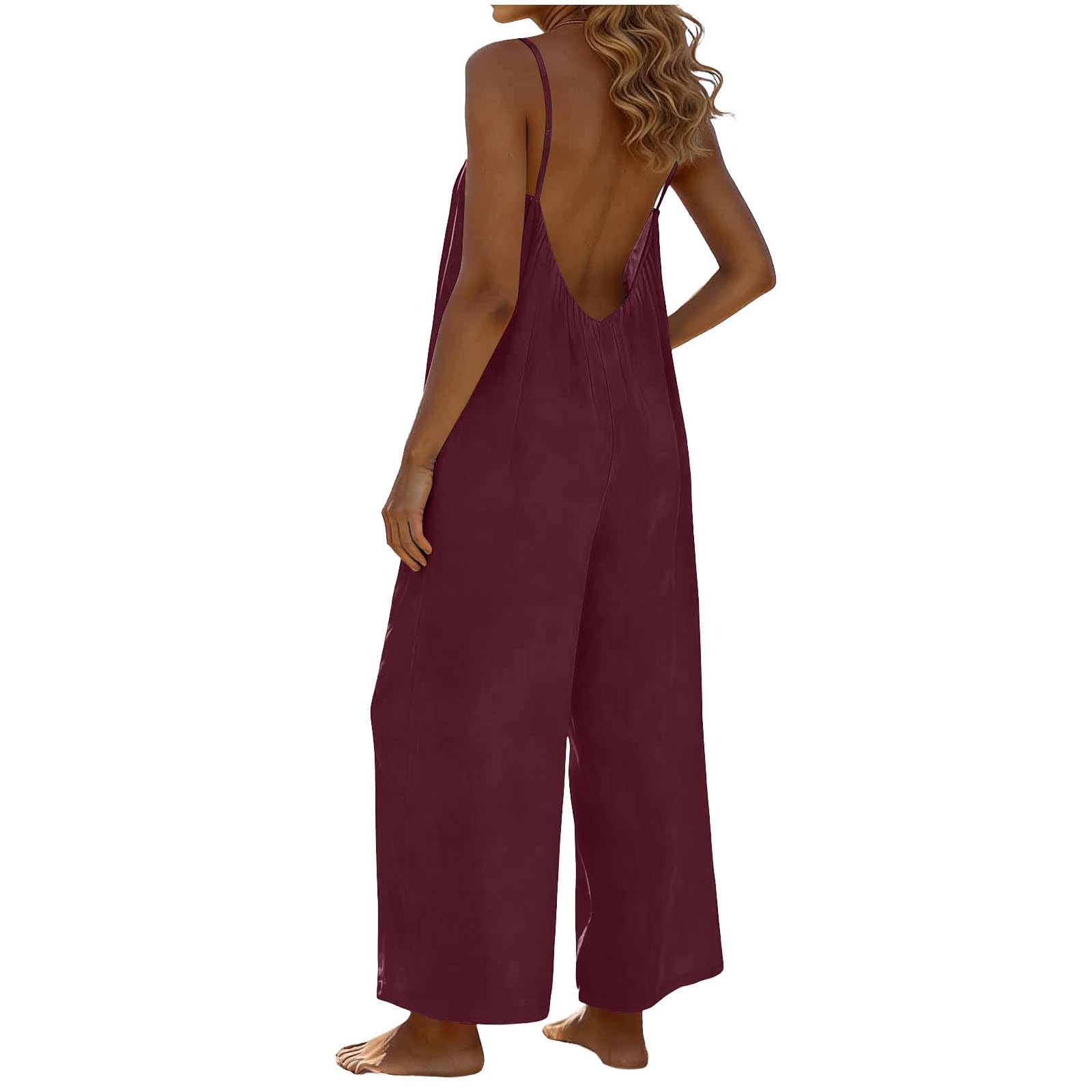 RLEHJN Jumpsuit Damen Sommer,Ärmellos Overall Lang Casual Hosenanzug Sexy V-Ausschnitt Spaghettiträger Romper Loose Fit Playsuit Elegant Einteiler Weites Bein Latzhose Freizeithose mit Taschen