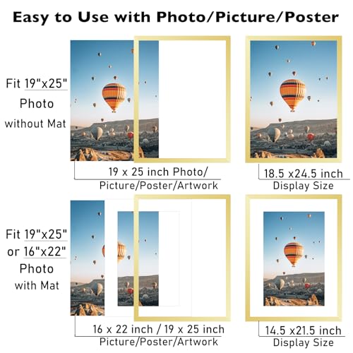 Image of JCJMY 19x25 Picture Frame with 16x22 Mat, Display Photo 16x22 with Mat or 19 x 25 Without Mat, Wall Hanging Large 19 by 25 Poster Frame with Plexiglass, Gold