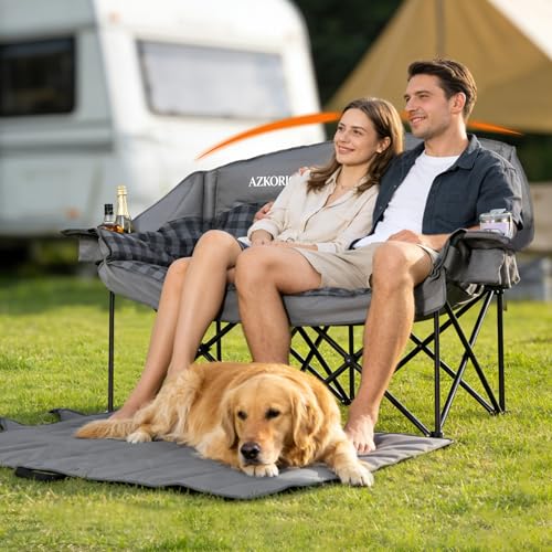 Image of Oversized Double Camping Chair Heavy Duty Padded Double Folding Chair with Cup Holders & Carry Bag Foldable 2 Person Camping Chairs Outdoor Portable Couch for Lawn, Sports - Supports 900LBS Grey