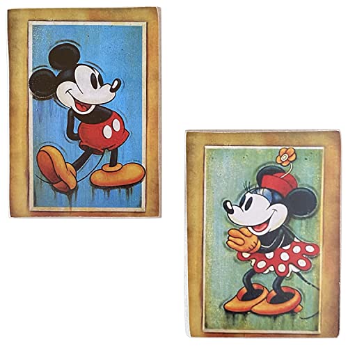 Kustom Art Set de 2 aimants (aimant) Série Figurines Disney Mickey Mouse & Minnie Style Vintage pour Réfrigérateur / Garage/Bar de Collection Impression sur bois 10 x 6 cm.