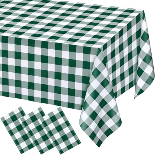 Image of WNINK 3 Pack Green and White Checkered Rectangular Plastic Tablecloths, Green Gingham Waterproof Disposable Table Covers 54 inch x 108 inch for Birthday, Wedding, Outdoor Picnic Camping Parties