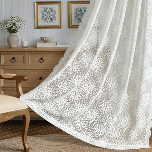 Image of MIULEE Vintage Lace Curtains 96 Inches Long 2 Panels, Victorian Decorative Floral Scalloped Semi Sheer Curtains Pretty Light Filtering Rod Pocket Panels for Bedroom Living Room, 52 inch W x 96 inch L, White