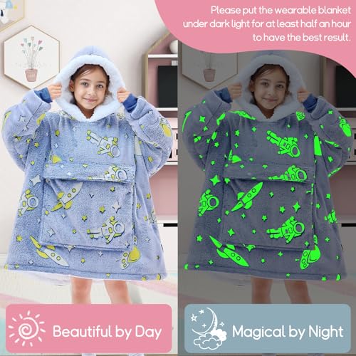 yescool Wearable Blanket Hoodie Kids Glow in the Dark, Oversized Blanket Sweatshirt with Sherpa Teen Girl Gifts for Kids,Boys, Girls, 8-15 Year Old Girl Gift Warm Wearable Blanket, One Size, Astronaut