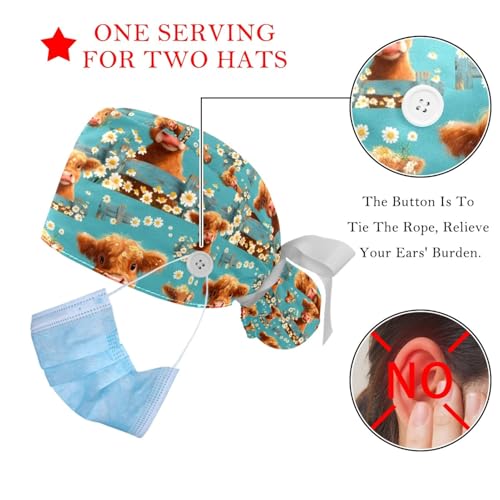 Image of 2 PCS Bouffant Cap with Button Ponytail Pouch Working Cap Sweatband Adjustable Surgical Cap Black and White Cow