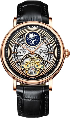 Image of ALTURA Analog Celestial Series Automatic Watch For Men Skeleton 3D Hollow Dial, Diamond Embellishment, Day /Night Subdial, Flywheel, Transparent Back, Leather Strap