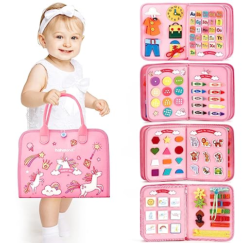 hahaland Toddler Busy Board Montessori Toys for 3 Year Old Girl Gifts, Educational Learning Toys with Life Skills, Alphabet, Number, Shape, Color, Car Ride Airplane Travel Toy Toddlers Girls Busy Book