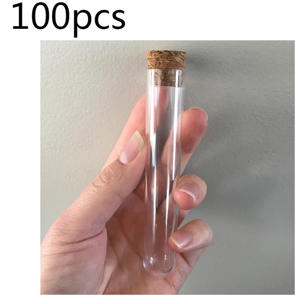 Cristalería de Laboratorio Tubos de ensayo de plástico con tapón de corcho y fondo en forma de U, 18 x 105 mm, 100 unidades por paquete.