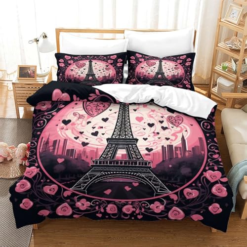 Housse de couette Tour Eiffel 3D 200x200cm en microfibre avec 2 taies d'oreiller
