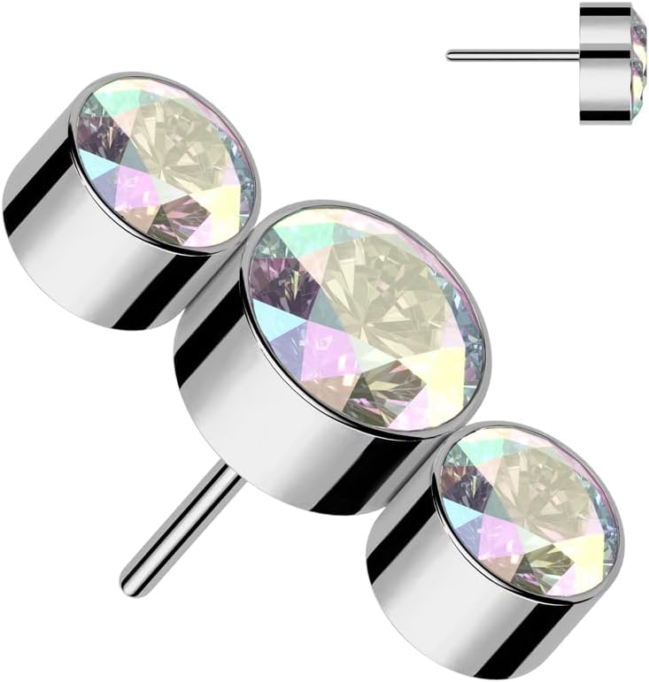 F136 Implant Grade Titanium Threadless Push In 3 Round Bezel Set CZ Top for Threadless Posts