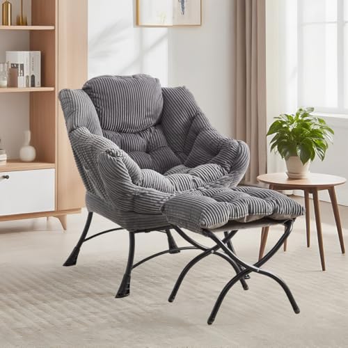 LIFEISLE Ohrensessel mit Hocker, Lazy Chair mit Ottoman, Relaxsessel mit Armlehnen, Moderner Loungestuhl mit Fußstütze und Seitentasche im Wohnzimmer Schlafzimmer Lesesessel,Cord Grau