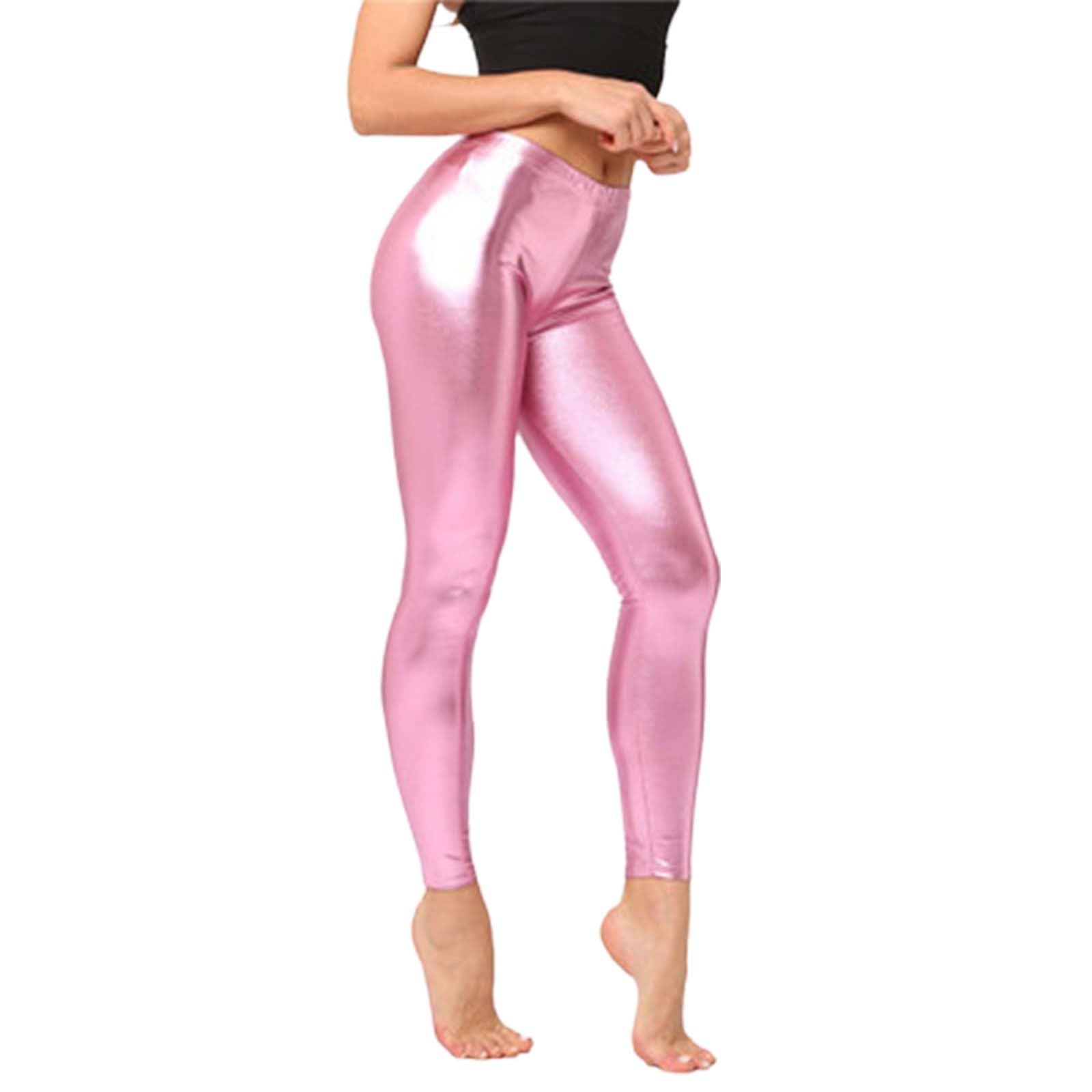 Ladies 80s Retro Metallic Shiny Wet Look Leggings Adult Disco Fancy Dress Costume Womens Outfit Pants Pink