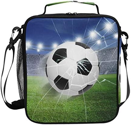 ZOEO Boys Soccer Lunch Box 3D Football World Cup Insulated Lunch Bag Prep Kids Cooler Blue Tote Freezable Shoulder Strap Waterproof Picnic Meal for School Office