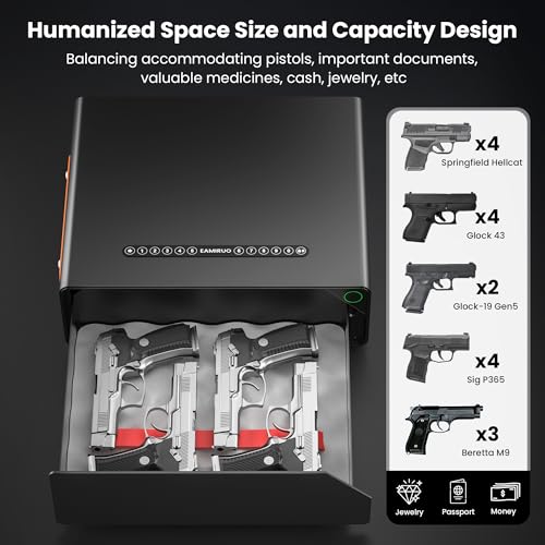 Smart Gun Safe - Biometric Gun Safe for 2-4 Pistols Quick Access Handgun Safe with Fingerprint/Keypad/Key/App Control, Pistol Safe for Nightstand Bedside Home Office(Black) - Image 4