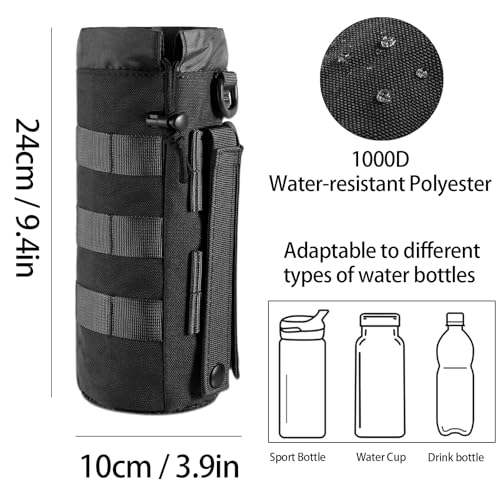 Taktisch Flaschenhalter,Taktische Molle Wasserflaschentasche, Militär Trinkflasche Beutel,Tragbarer Wasserbehälter Beutel Tasche,mit Kordelzug und Mesh Unterseite, Nylon, für Camping Wandern (Schwarz)