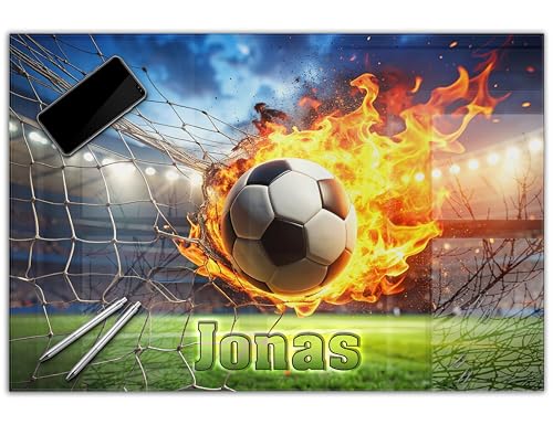 Schreibtischunterlage personalisiert mit Namen | 60 x 40 cm Brennender Fußball | wasserfeste Schreibunterlage, abwischbar, glatt | stabiles, hochwertiges Acrylglas, Kinder Kunststoff