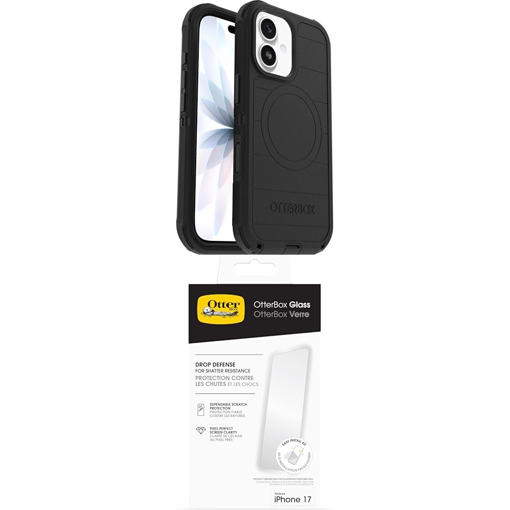 OtterBox Defender Series Pro MagSafe funda para iPhone 17, Testada 7x con estándares Militares anticaídas, Negro + OtterBox Glass Protector de Pantalla de Cristal Templado para iPhone 17