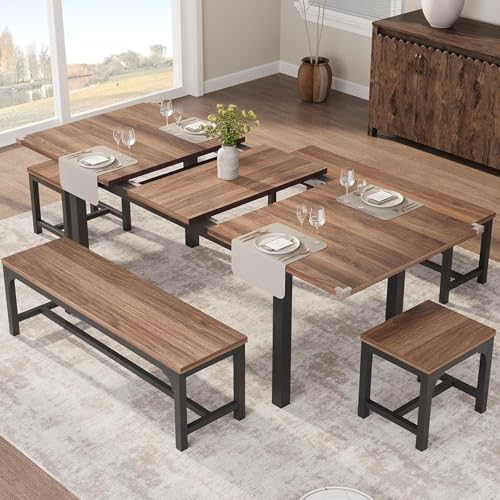 CuisinSmart 5 Piece Extendable Dining Table for 4-8, 47.3"-63" Rectangular Wood Kitchen Table with Metal Frame, Industrial Long Dining Room Tables wit