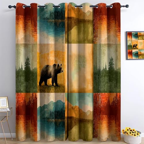 Multicolore Rideau Occultant Patchwork Vintage Montagnes Lac Ours Thermiques Rideaux, pour Decoration Salon Chambre Fenetre, Draperies Intérieurs à Oeillets...