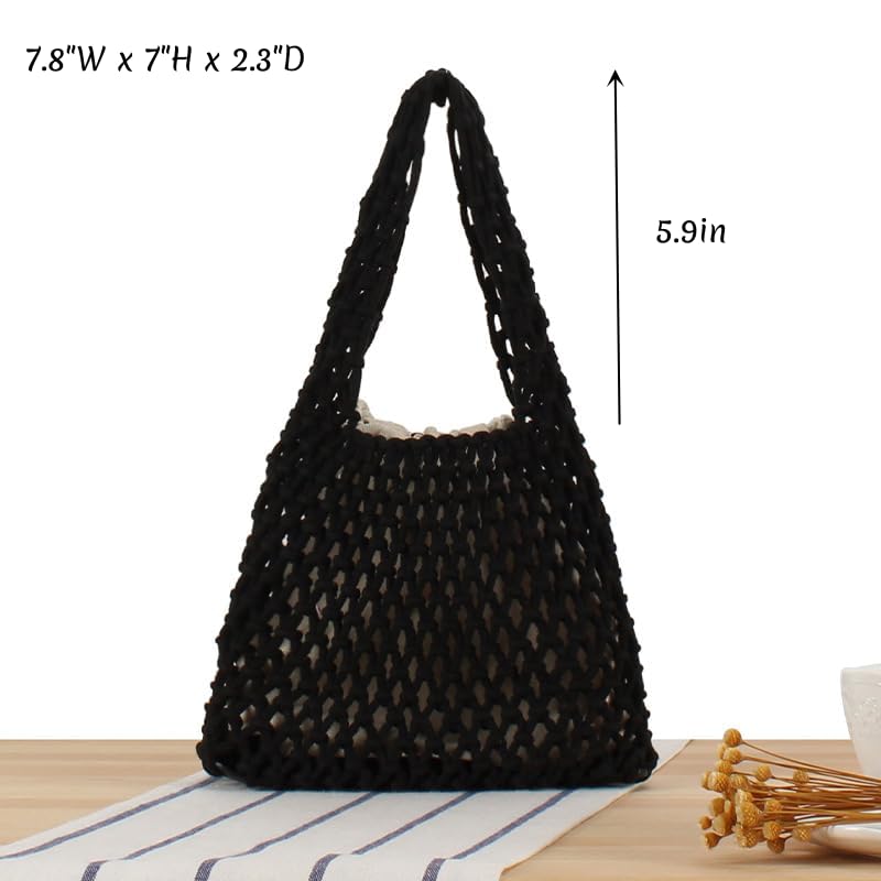 Image of Naimo Straw Beach Bag Woven Rattan Shoulder Bag Fishing Net Handbag Cotton Rope Tote Summer Crochet Hobo Bag