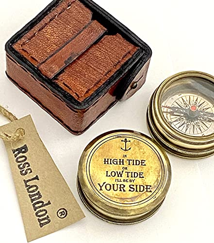 Ross London Taschenkompass aus Messing mit Lederbox - in High-Tide oder Low Tide I'll Be by Your Side - Vintage-Kompass mit Gravur - Abenteuer-Kompass - Geschenk-Kompass - Antik-Stil Kompass Cover