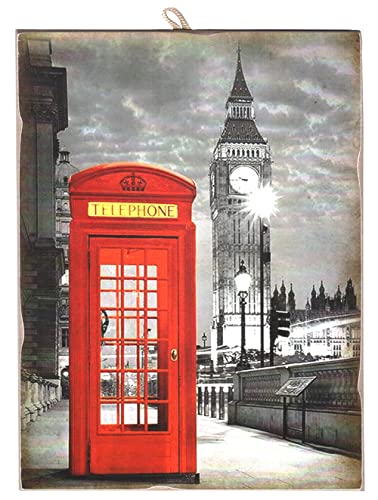 KUSTOM ART Tableau style Vintage Série London London Big Ben and Red Telephone Box. Impression sur bois 24 x 17 cm Cover