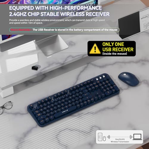 Image of FOPETT Wireless Keyboard and Mouse Combo, 104 Keys Full-Sized 2.4 GHz Round Keycap Colorful Keyboards, USB Receiver Plug and Play, for Windows, Mac, PC, Laptop, Desktop (DarkBlue)
