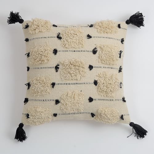 Image of TIB Premium Boho Decorative Throw Cushion Covers, 16 x 16 cm, Set of 2, Cotton. (Cream & Black Dots)-230 TC