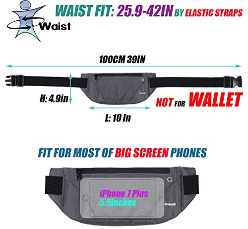 USHAKE Running Belt,Men or Women Ultra Light Bounce Free Waist Pouch Bag Fitness Workout Belt Sport Waist Pack Exercise Waist Bag for iPhone Samsung LG in Running Gym Marathon (Grey) - Thumbnail 5