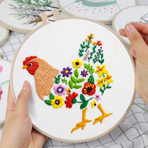 Image of Louise Maelys Hen Embroidery Kit for Beginners Farmhouse DIY Craft | Cross Stitch Kits Include Pre-Printed Fabric, Embroidery Hoop, Threads, Needles and Guide. Needlepoint Kit for Adults
