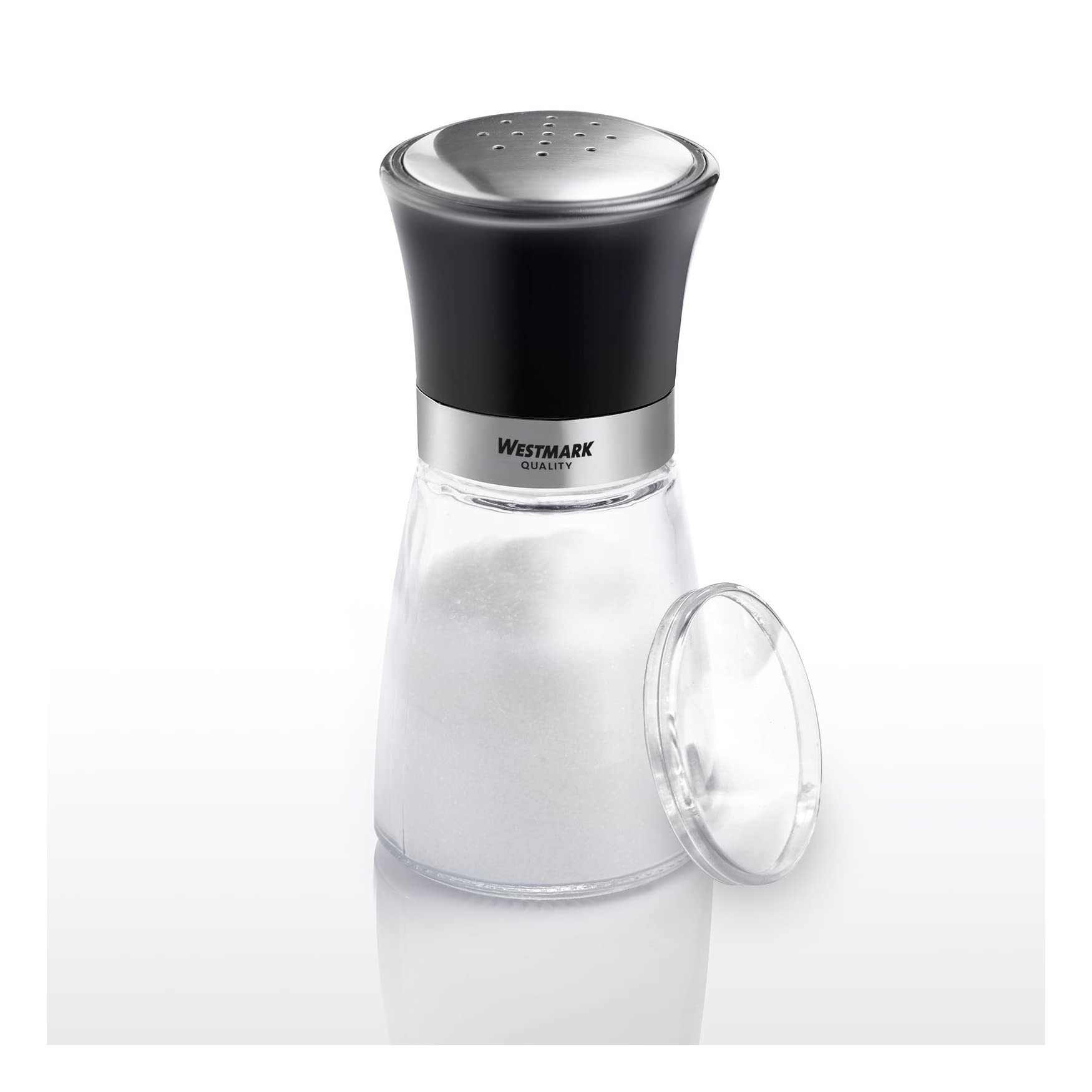 Westmark 63502260 Pot à épices avec couvercle aromatique, perforation fine, capacité : 190 ml, verre/acier inoxydable/plastique, Blacky, transparent/noir/argenté
