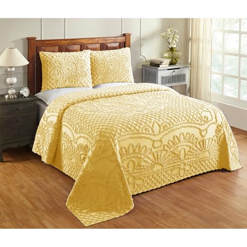 Better Trends Chenille Bedspreads Full/Double Size, Soft Yellow 100% Cotton Chenille Medallion Design Tufted Bedding Coverlet Soft Lightweight, 96"x110" with 2 Sham, 3 Pieces Set Trevor Collection