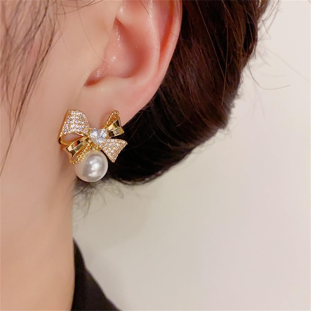 Heart Cubic Zirconia Bow Pearl Stud Earrings Rhinestone Small Beaded Ribbon Knot Pearls Earrings Christmas Fashion Ear Jewelry for Women - Image 2