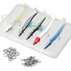 Señuelo Happy Ykr 5 Cebos de pesca suaves con cabeza de plomo anzuelo, Sidewinder Sandeel ruibarbo natillas de mar señuelos de pesca con caja (9,5 cm / 9,9 g, 5 unidades)