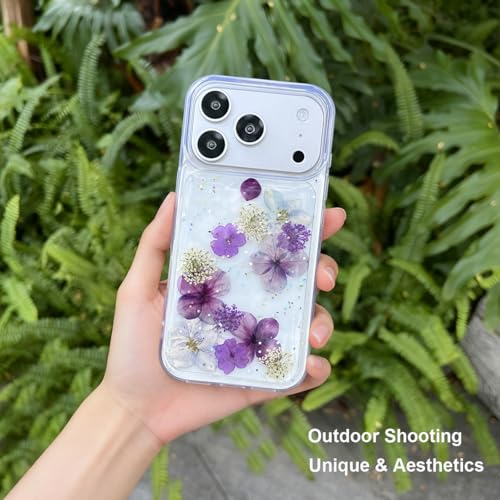 Coque iPhone 17 Pro Max esthétique violet pailleté avec fleurs séchées - 3