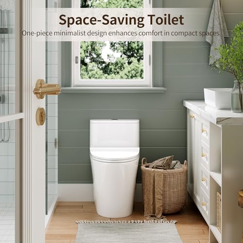 Image of DeerValley Compact One-Piece Toilet 1.28 GPF Single Flush Fully Skirted Bowl with Soft-Close Seat White Space-Saving Elongated Toilets for Small Bathrooms