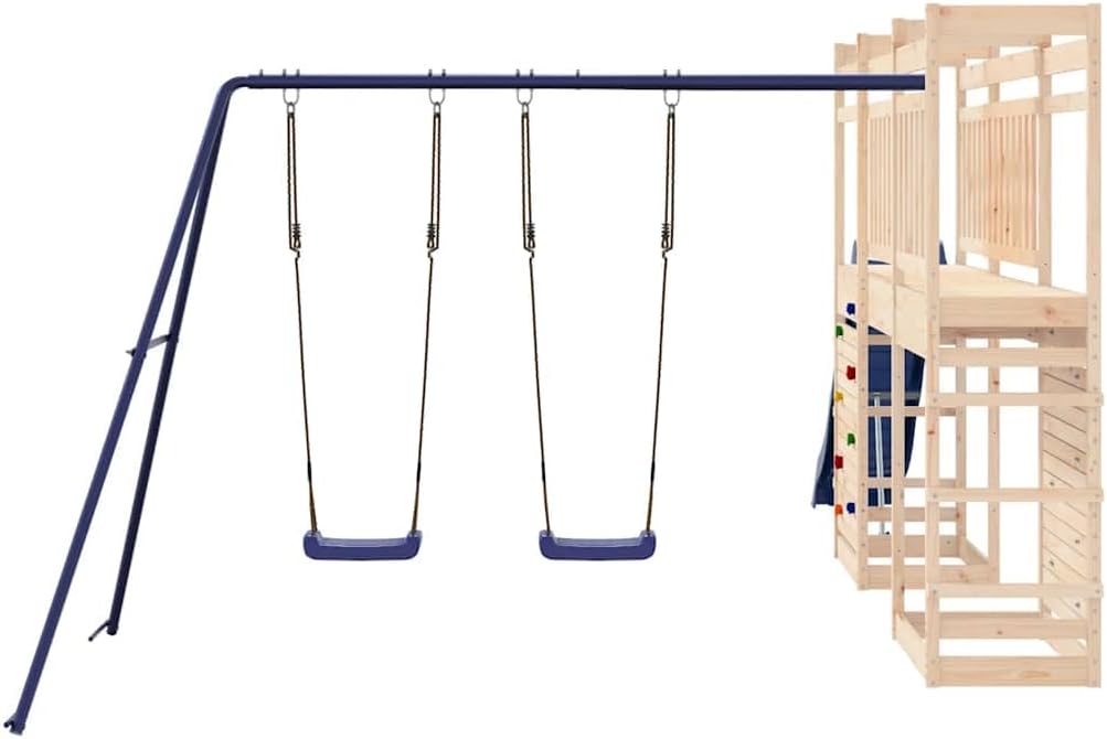 Outdoor Playset Natural Pine Wood with Wavy Slide, Two Saddle Swings, and Climbing Wall for Backyard Fun and Physical Activity