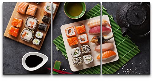 wall26 Canvas Print Wall Art Sushi, Make Roll & Green Tea on Stone Table Food Culinary Photography Realism Decorative Natural Colorful Vibrant Diet for Living Room, Bedroom, Office - 24"x36"x3 Panels