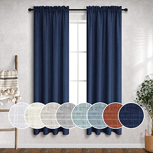 Navy Blue Linen Curtains 38 Inch Wide for Bedroom 2 Panels Rod Pocket Light Filter Semi Sheer Dark Blue Curtains for Small Windows Narrow Mini Skinny Living Room 38 Inch Width by 63 Inch Length Indigo