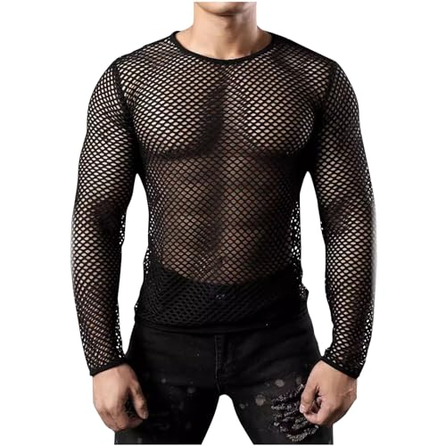 Men Fishnet Shirt Mesh See Through Mens Fishnet Tops Fashion Long Sleeve Sexy Crew Neck Muscle T-Shirt Net Undershirt