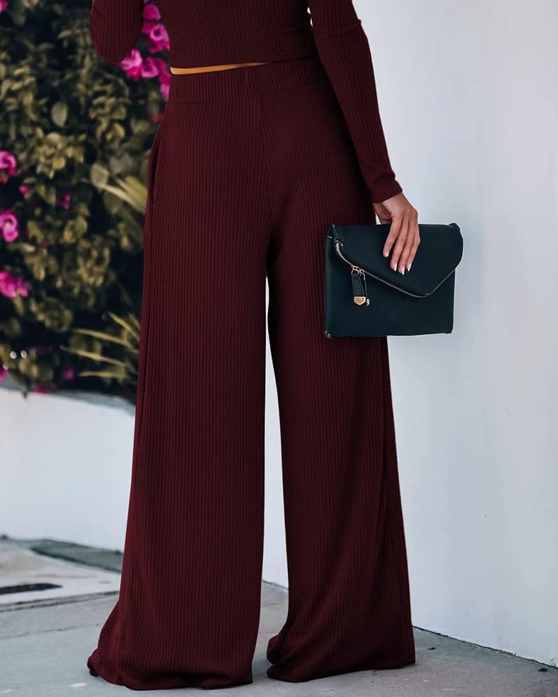 Wide Leg Pant Suits for Women Elegant 2 Piece Solid Outfits Long Sleeve Crop Top High Waist Long Pants with Pockets - Image 7