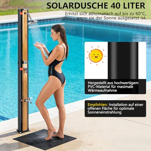 COOLWEST Solardusche 40 Liter mit Kunststoffboden, Solar Gartendusche mit 360° Schwenkbarem Duschkopf und Fußdusche, Einstellbare Temperatur Pooldusche Solar bis zu 60°C für Garten, Pool, Outdoor