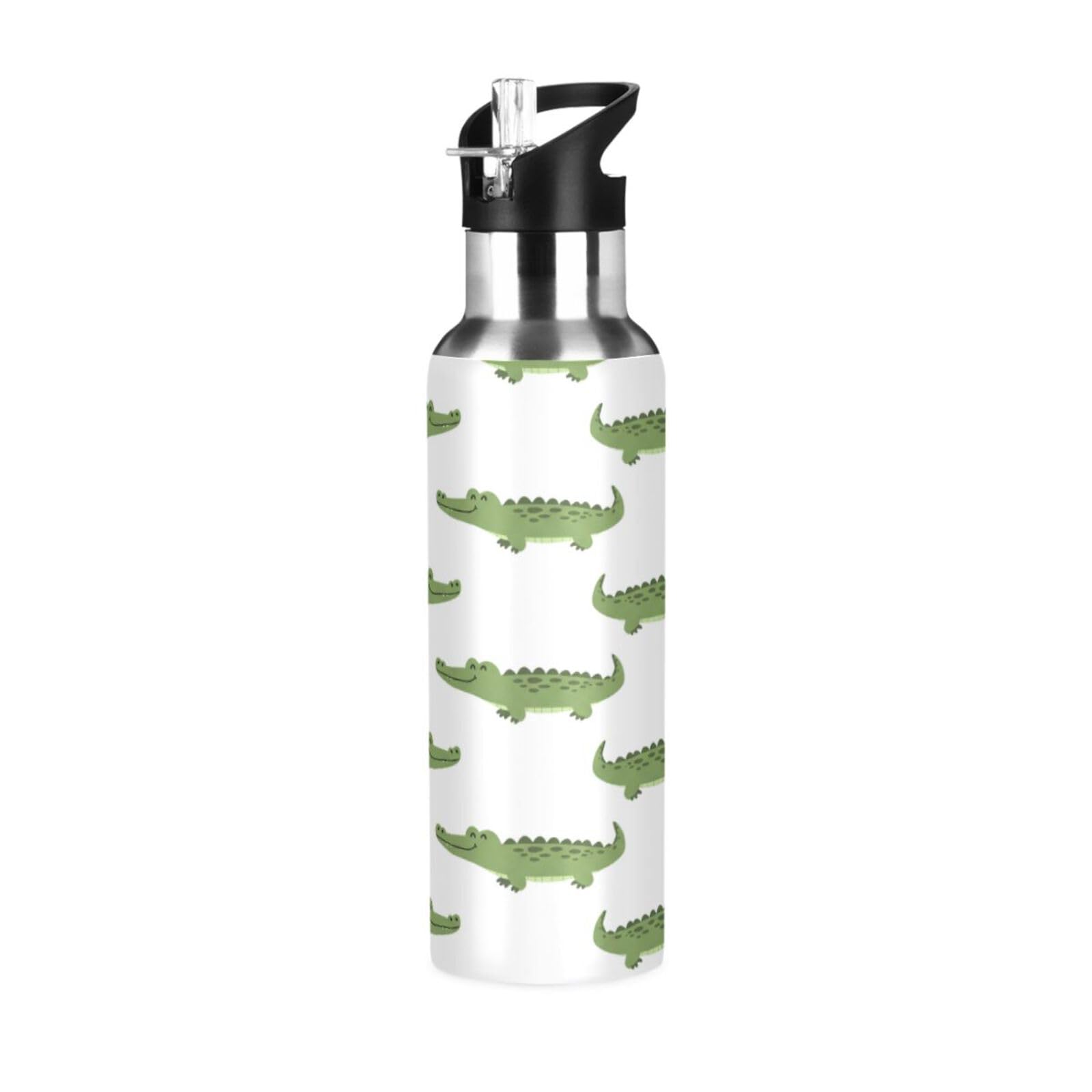 BOESI Simple Crocodile Pattern Insulated Water Bottle 600ml, Stainless Steel Vacuum Sports Bottle with Straw, Leak Proof Thermal Bottle for Gym Travel Outdoor
