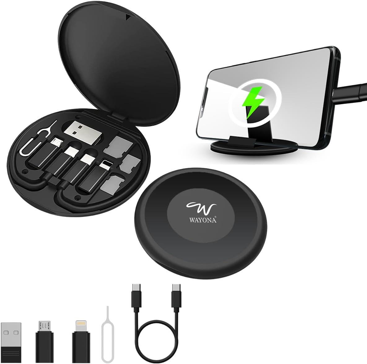 Wayona All in One 60W USB C to C Fast Charging Travel Cable Set Type C,Lightening and Micro USB Port Inbuilt Mobile Stand Compatible with iPhone,iPad,Samsung,OnePlus,Mi,Oppo,Vivo,iQOO (All in 1,Black)